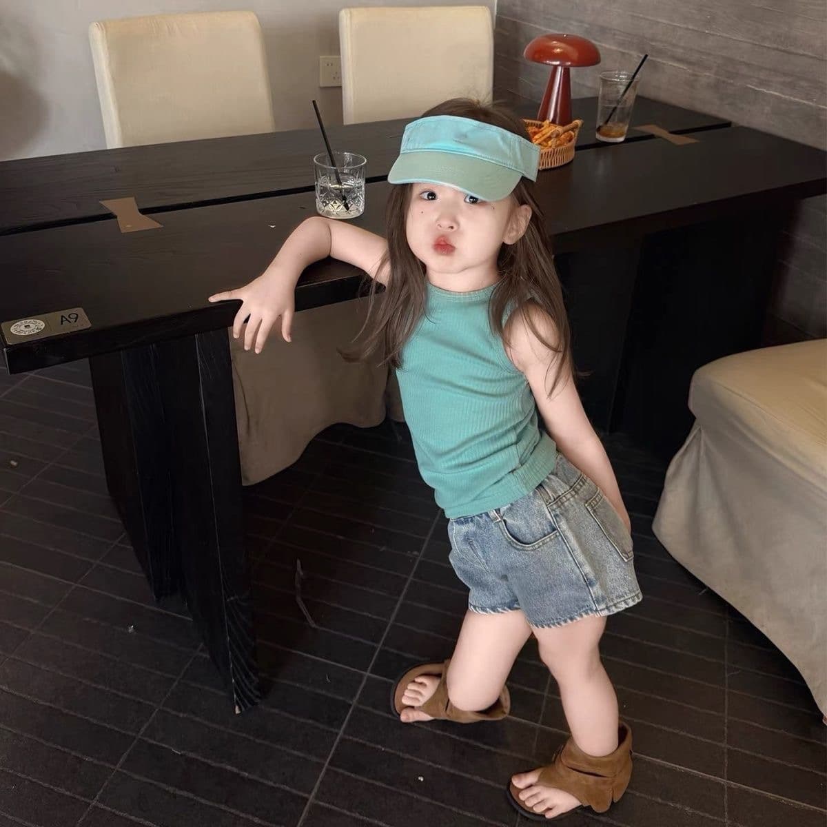 Girls Summer Outfit Mint Green Sleeveless Vest Denim Shorts 2-Piece Set Toddler Baby Trendy Influencer Style