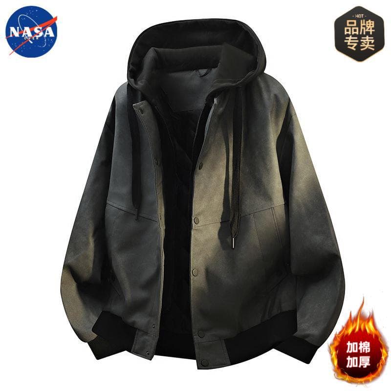 NASA Brand High Quality Cotton-Filled Thickened Hooded Fake Two-Piece PU Leather Jacket Autumn/Winter Men's Handsome Bad Boy Coat Trendy