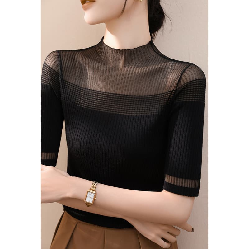 Elegant Black Thin Knit Top for Women Spring Autumn Lace Hollow Semi-High Neck Inner Layering Blouse
