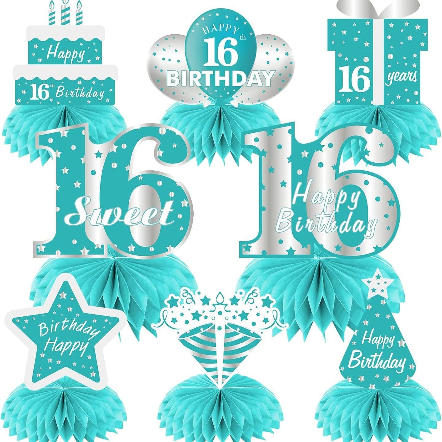 Blue 16th Birthday Honeycomb Decoration for Boys and Girls Adult Ceremony Birthday Party Decor Tabletop Ornament
