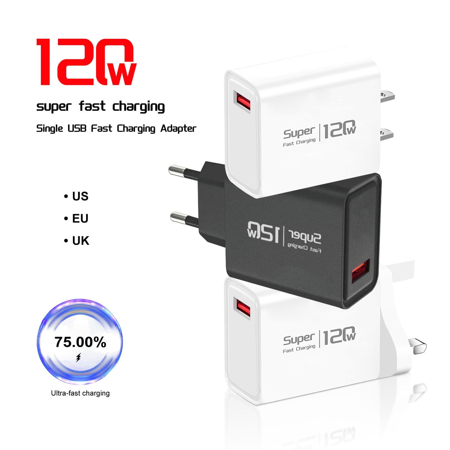 120W Fast Charging Single USB Charger for Apple Huawei Xiaomi Phones, EU/US/UK Standard 2.4A Charging Head 15W
