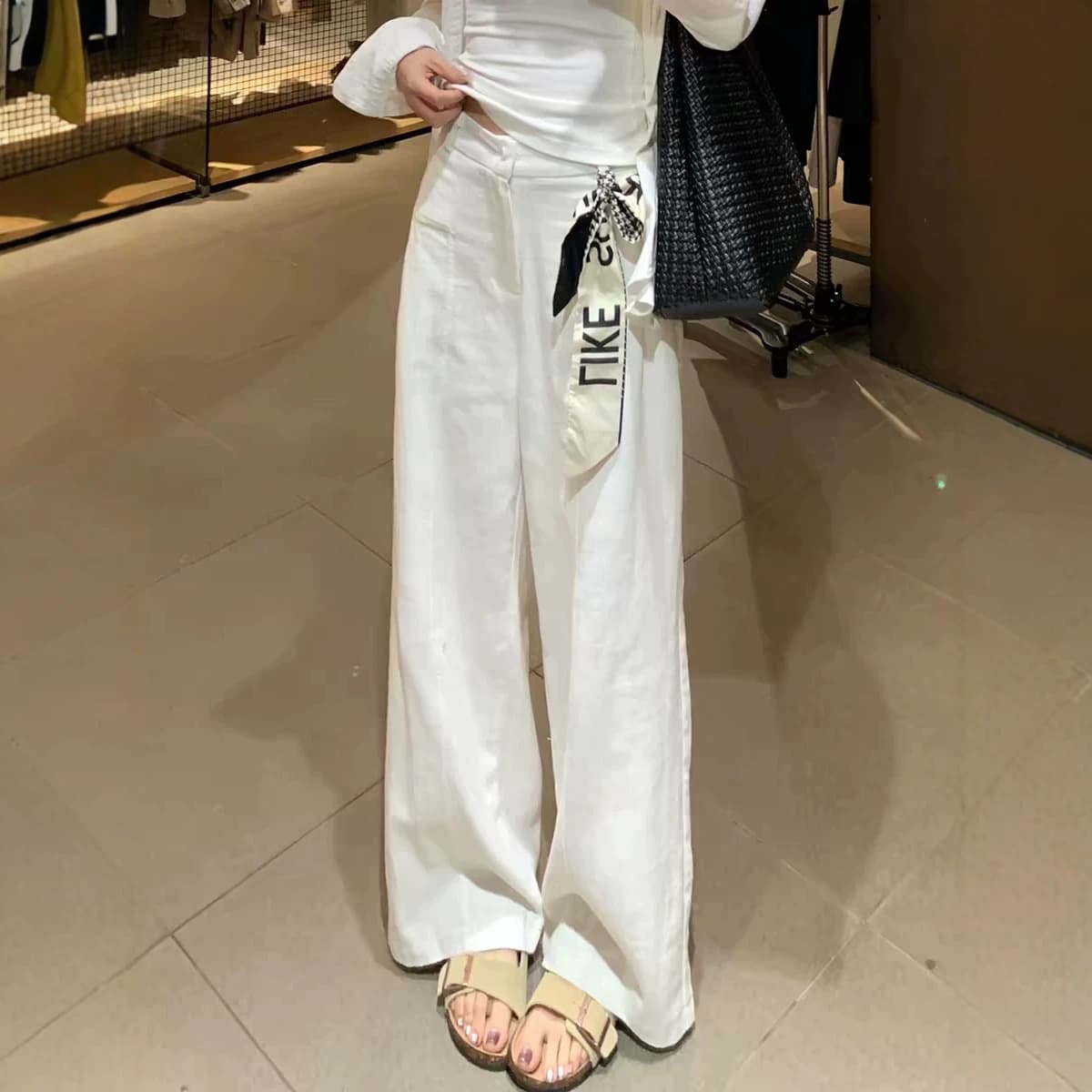 New Women's Lightweight Summer White Washed Cotton High-Waist Wide-Leg Pants, Premium Summer Women's Straight-Leg Casual Trousers