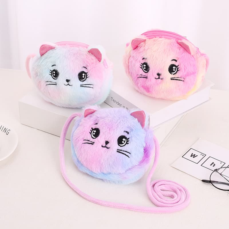 Cross-border creative plush crossbody bag cartoon children's shoulder bag cute cat double zipper rabbit fur tie-dye small shoulder bag