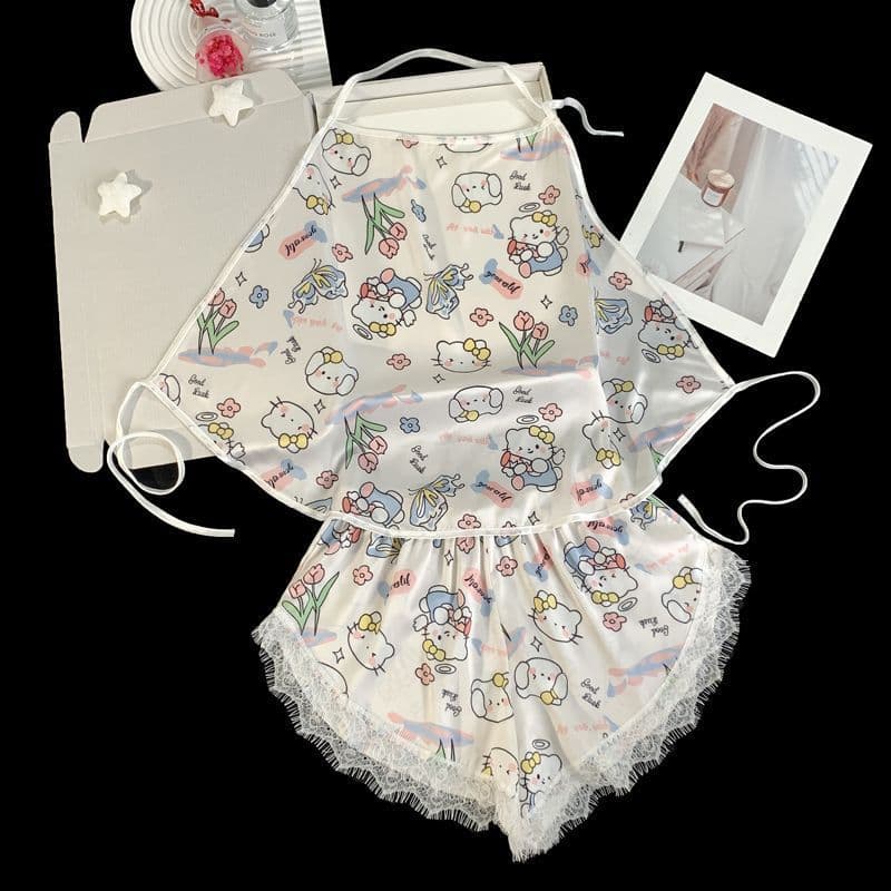 Tulip Kitty Ice Silk Bellyband Pajamas Set Strappy Backless Sexy Lace Shorts Sweet Summer New Style