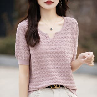 2025 Pure Cotton Knit Short Sleeve Top for Women, Spring/Summer New Style, Semi-Sleeve, Hollow Out, Loose, Fashionable Solid T-Shirt