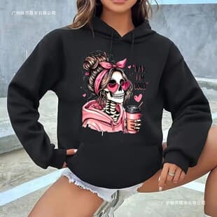 Hoodie Halloween Skull Portrait Pattern Printed Long Sleeve Sweatshirt, Retro 2000s Autumn Winter Hoodie