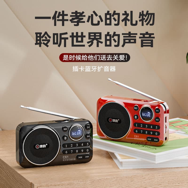 C61 Bluetooth Card-Insert Radio for Seniors, Broadcast Opera Player, Portable Rechargeable Audio Player