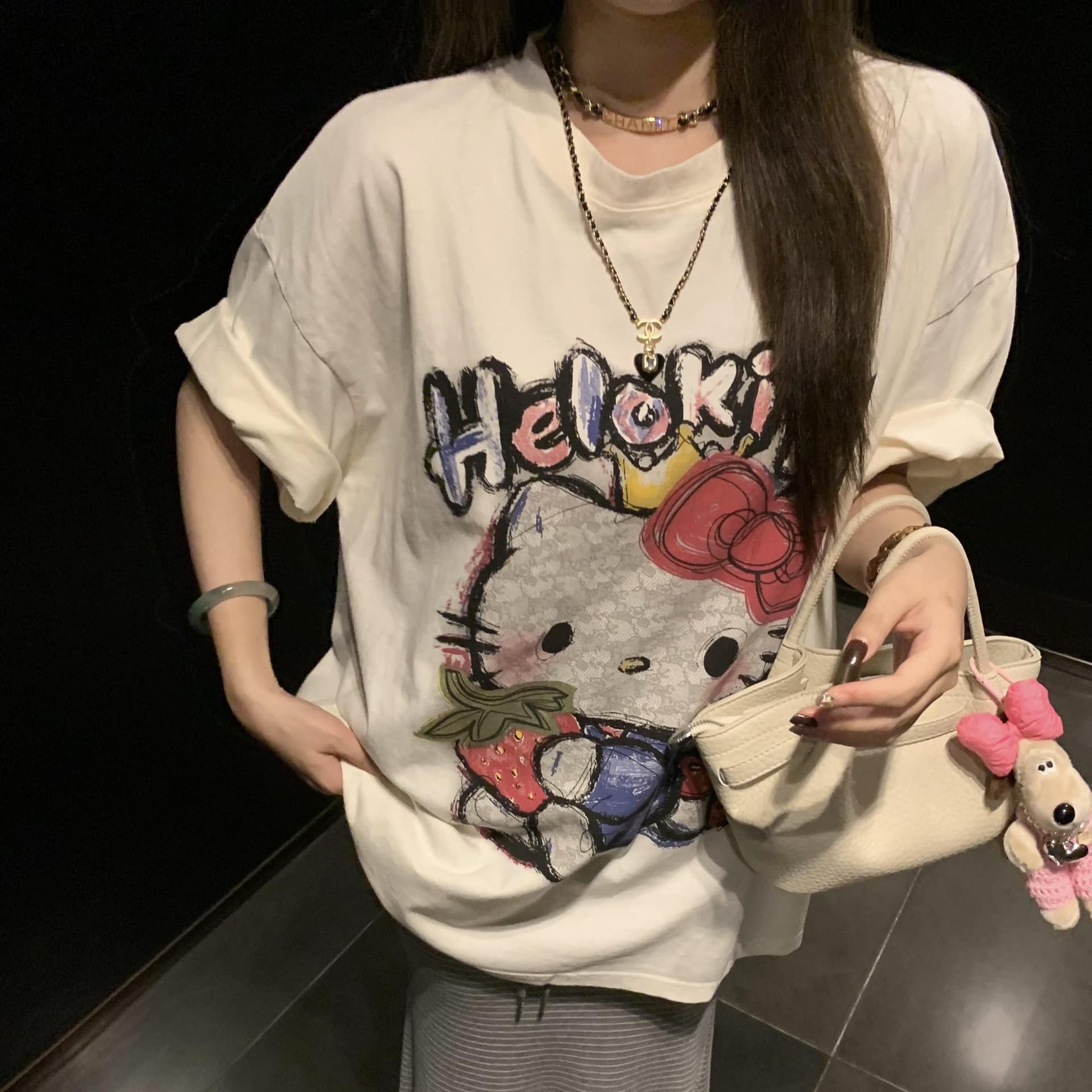 [Flash Sale Hot Item] Pure Cotton Korean Style Painted Hello Kitty Cute Print New Short Sleeve T-Shirt for Women Summer Edition