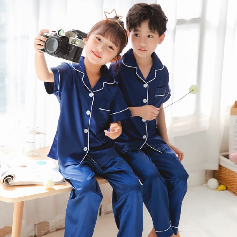 Children's Pajamas Summer Thin Silk-like Ice Silk Short Sleeve Long Pants Kids Boys Girls Short Long Homewear Set