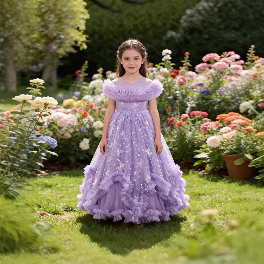 Girls One-Shoulder Purple Mesh Dress with Butterfly Embroidery Birthday Party Gown Children's Princess Dress