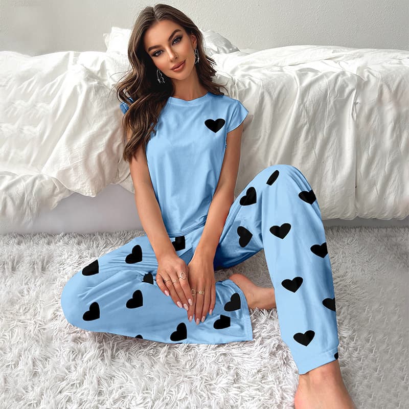 New Summer Hot-Selling Women's Loungewear Heart Print Cap Sleeve Pajama Pants, Suitable for Outdoor Wear