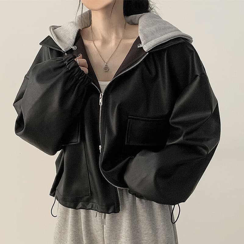 Korean chic autumn and winter retro style zipper large pocket casual loose versatile short hooded leather jacket for women