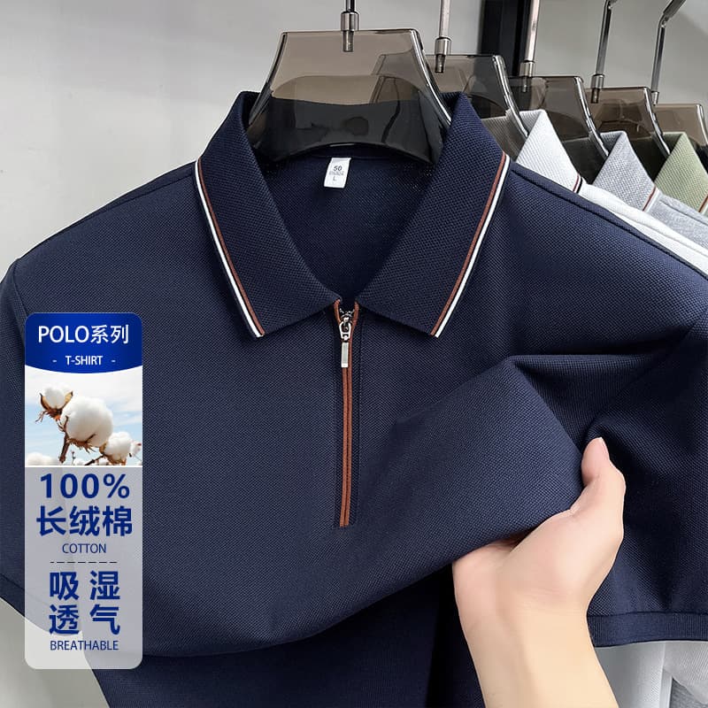100% Cotton Men's Short Sleeve T-Shirt Summer New Half-Zip Collar Polo Shirt Business Casual Tee
