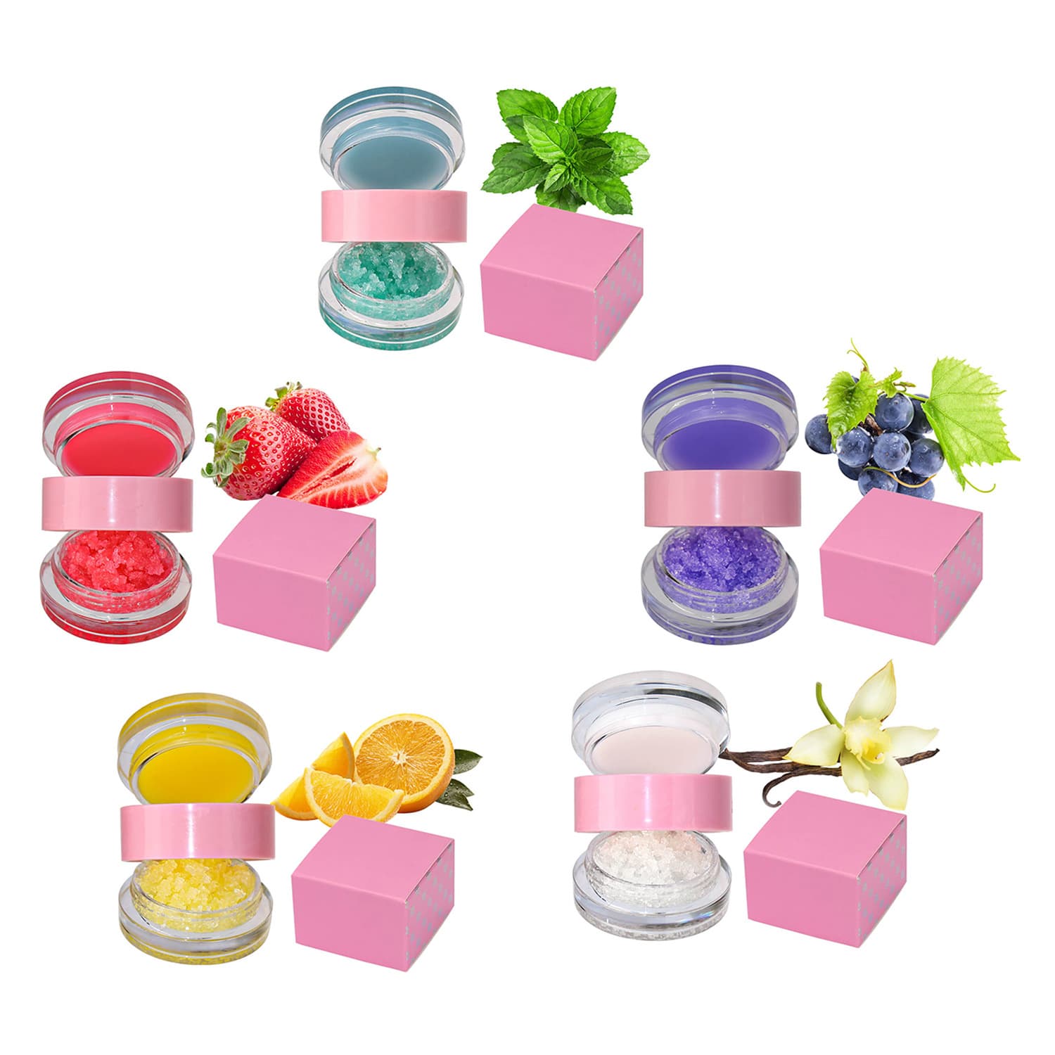 Export-grade, best-selling 5-color, 5-flavor double-sided scrub, small batch, no logo, lip balm and scrub in one.