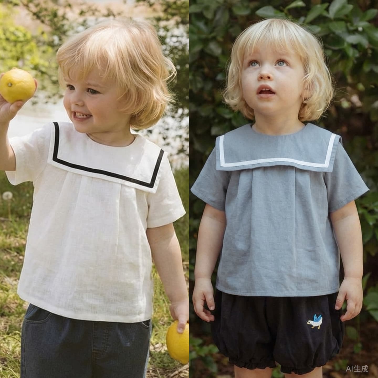 Cute Linen Shirt with Navy Collar for Boys and Girls, New Summer Style, College Style Short-Sleeved, Versatile and Stylish Top