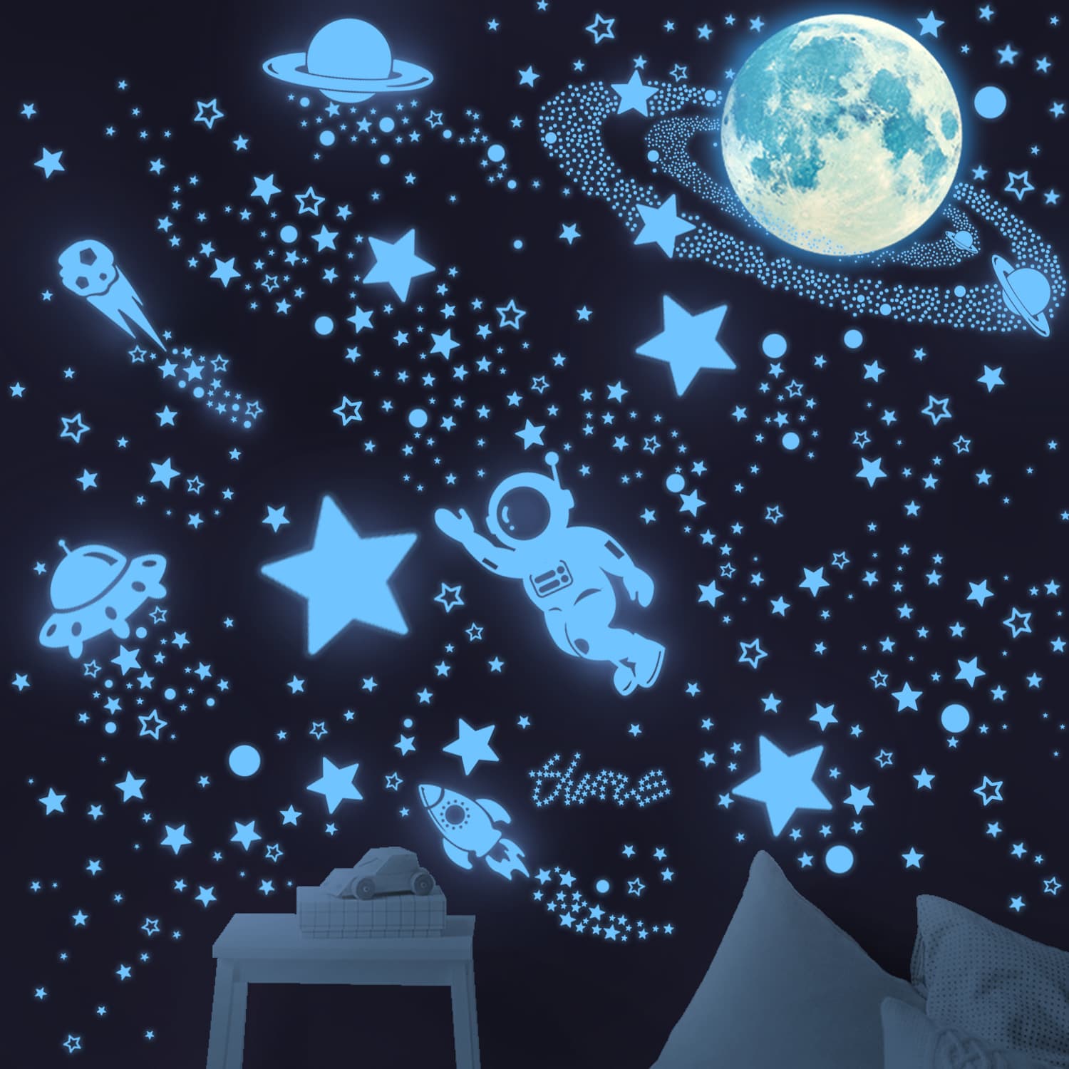 Cross-border Astronaut Planet Glow-in-the-Dark Space Station Moon Stars Spaceship Fluorescent Self-Adhesive Background Wall Decal Sticker
