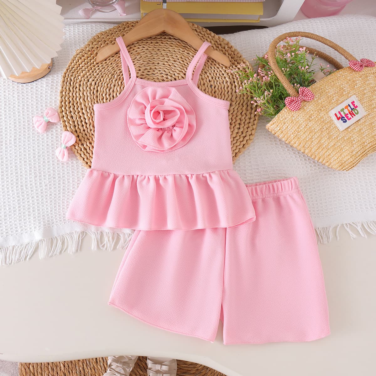 Kids Clothing Cross-Border Supply New Children's Pink Camisole Vest + Shorts for Export to Europe and America