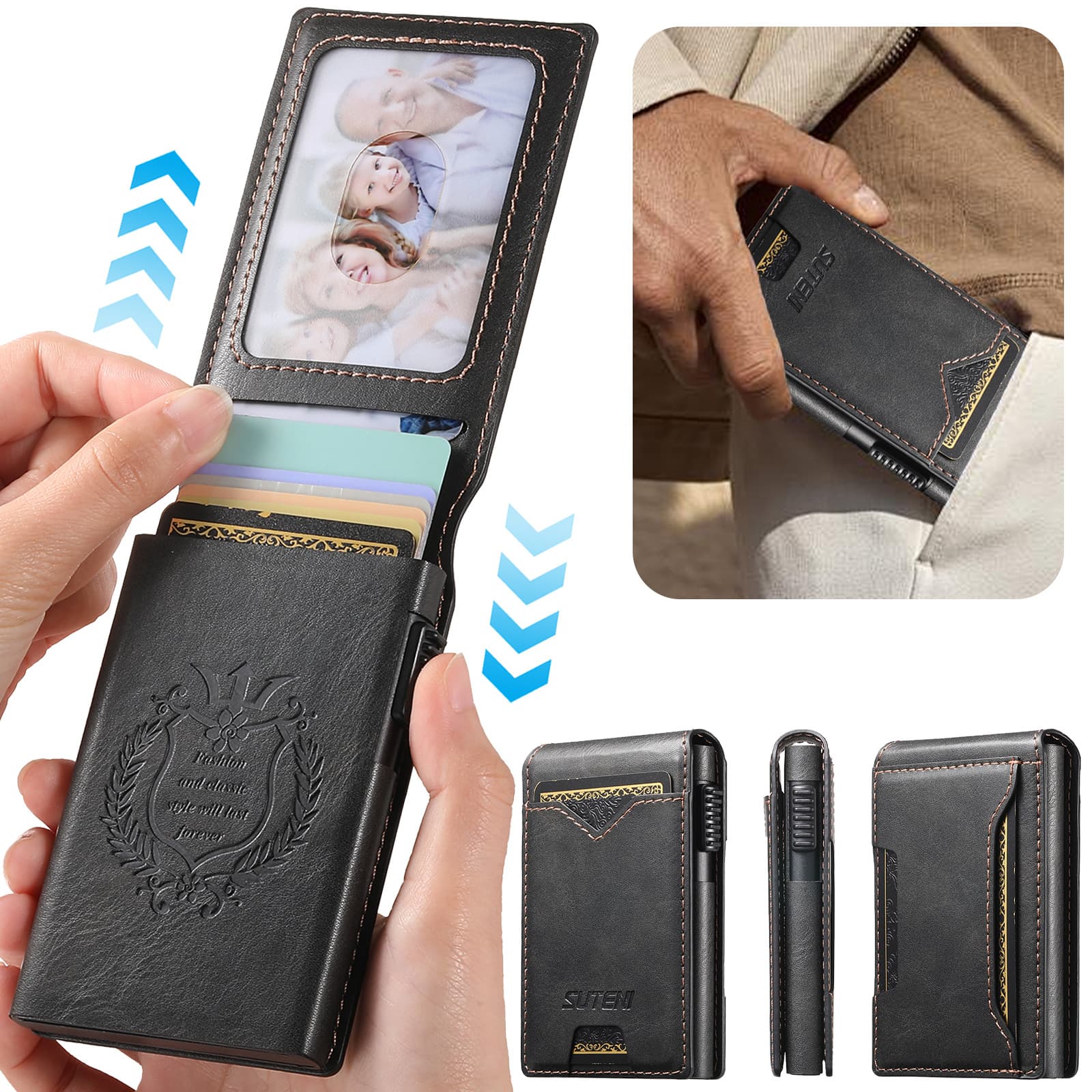 SUTENI Waxed Leather Full-Wrap Button Automatic Pop-Up Card Holder with Photo Frame Print