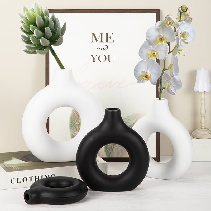 Creative Plastic Flower Vase Ceramic Imitation Decorative Living Room Ornaments Half-matching Candy Ring Shaped Home Decoration