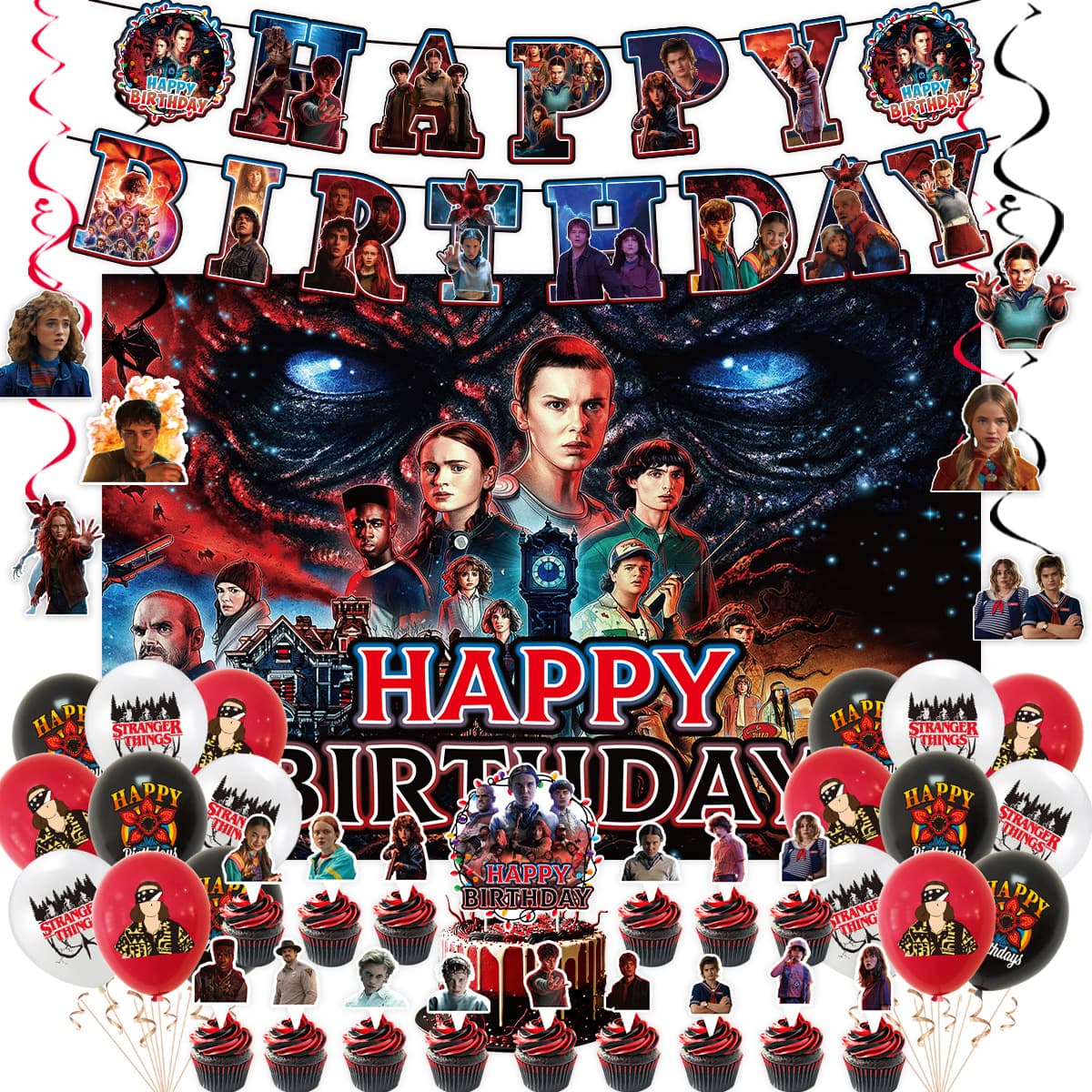 Stranger Things 5 Birthday Party Theme Decoration Set with Banner, Cake Toppers, Balloons