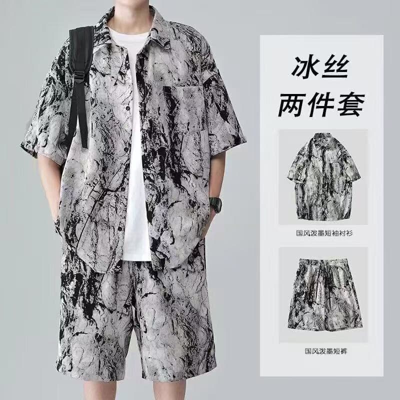 Men's Casual Shirt Set, Draped, Oversized, Cool-Touch Ice Silk Short Sleeve Shirt and Shorts, Beach Style Two-Piece Set