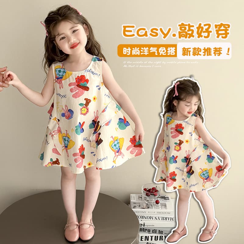 Girls' Sleeveless Dress Summer 2026 New Baby Printed Vest Dress Cute Cotton Dress Fashion