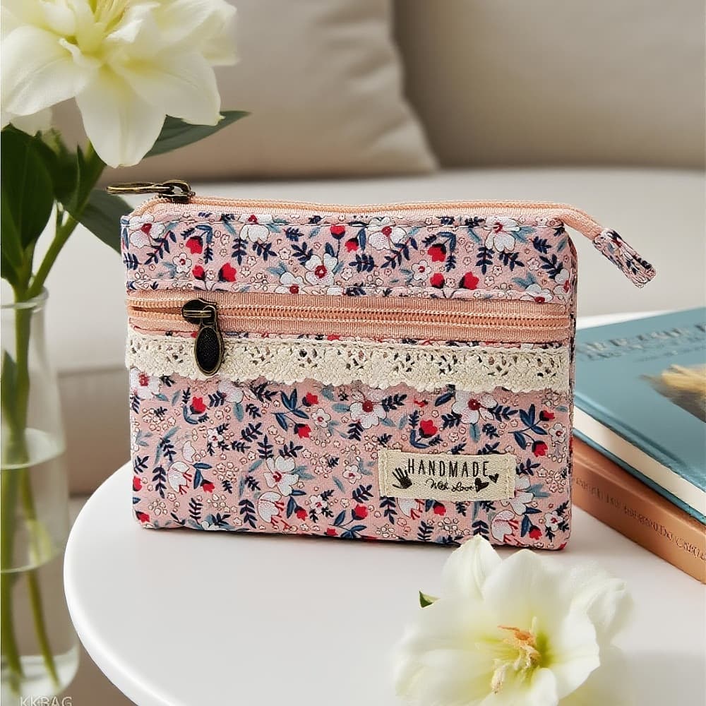 Fresh pastoral style floral double-pull 4-layer cotton coin purse, girls coin bag, silver bag, document bag, card bag