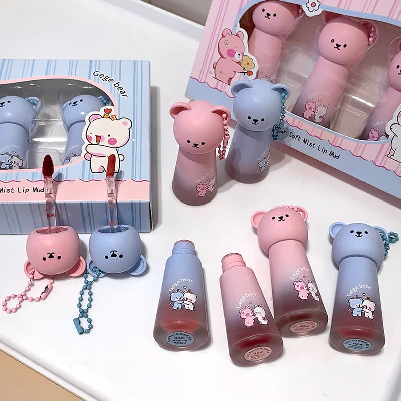 Cute Bear Soft Matte Lip Mud Lip Gloss Velvet Matte Silky Moisturizing Adorable Student Pendant Long-Lasting Lipstick Wholesale