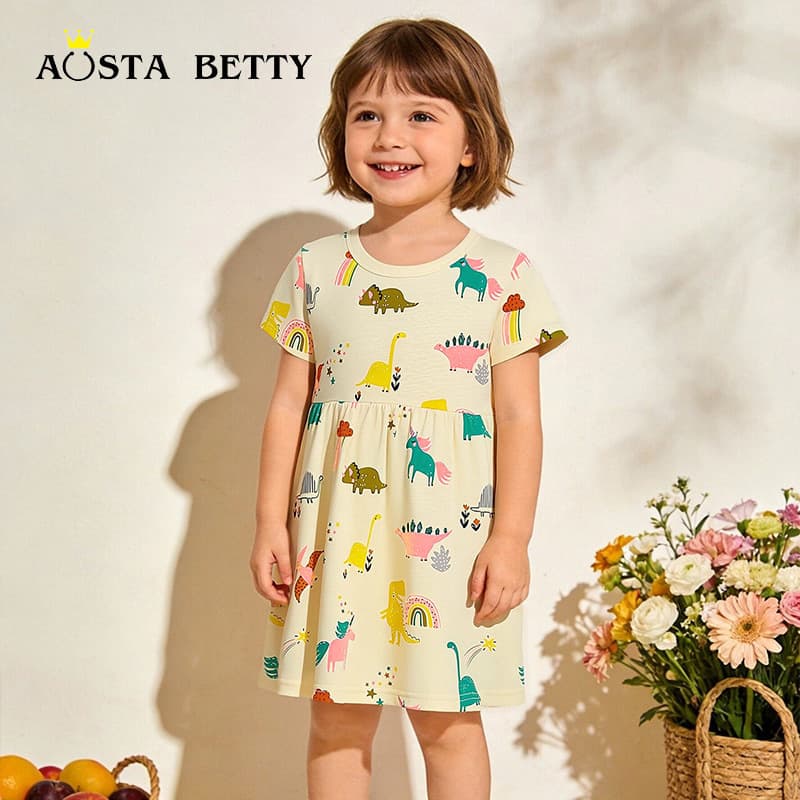 Fashionable Summer Short Sleeve Round Neck Princess Dress for Girls Children's Clothing European Style Print Knitted Cotton Dress