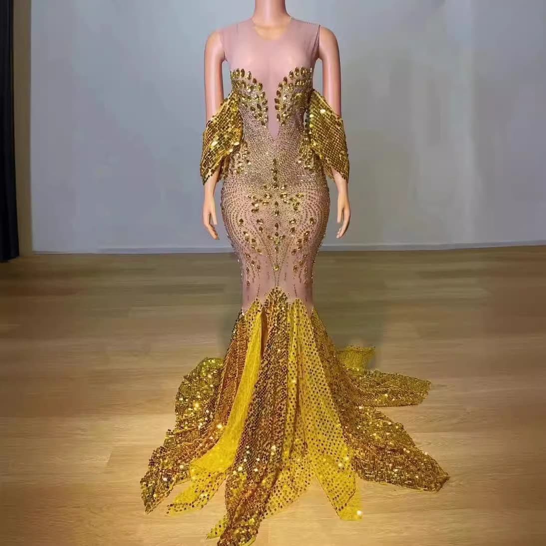 Cross-border performance costume full rhinestone sequin printed trailing long dress for singers models runway show