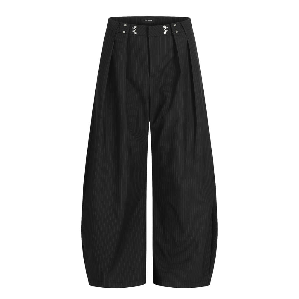 Men's Loose Wide-Leg Curved Vertical Stripe Pants, Trendy High-Street Double-Pleat Design, Casual Versatile Floor-Length Trousers