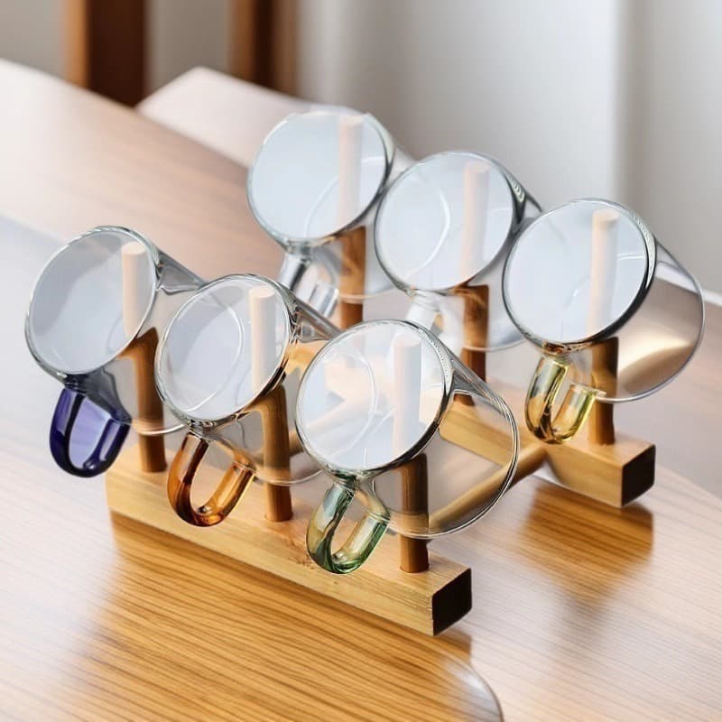 Six-color transparent teacup, tea tasting cup, heat-resistant glass teacup, household tea set, small handle cup, gongfu tea cup, simple design.