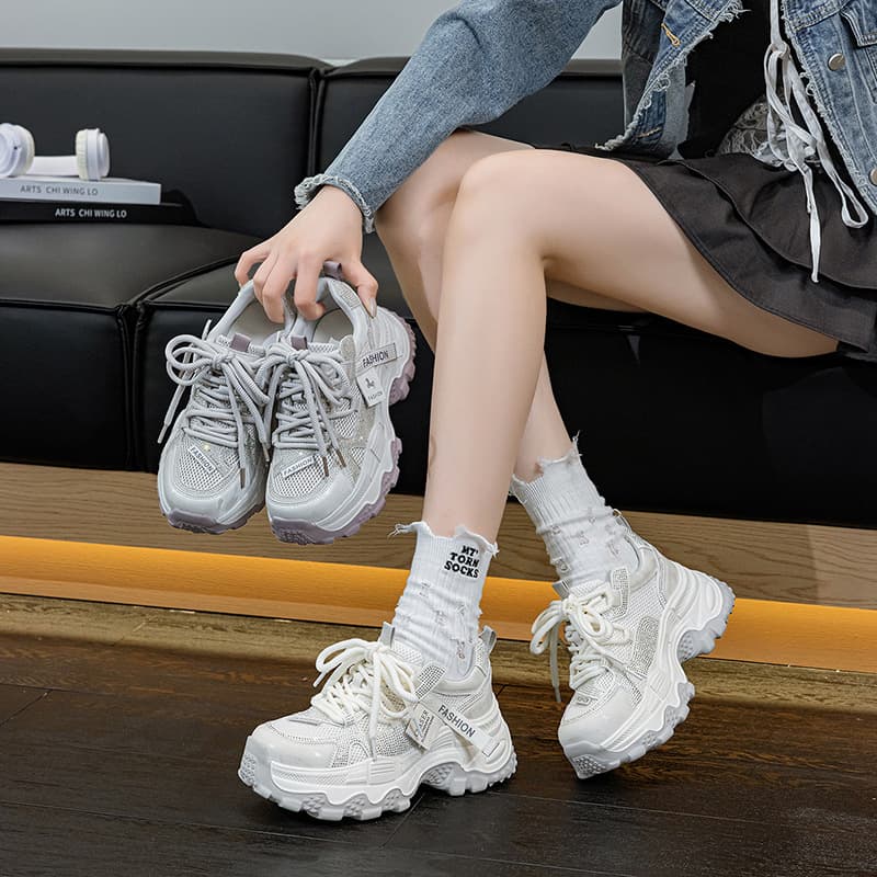 European-style Dad Sneakers for Women, Large Size 2026 New Rhinestone Mesh Breathable Sports Casual Shoes, Versatile Thick Sole Running Shoes