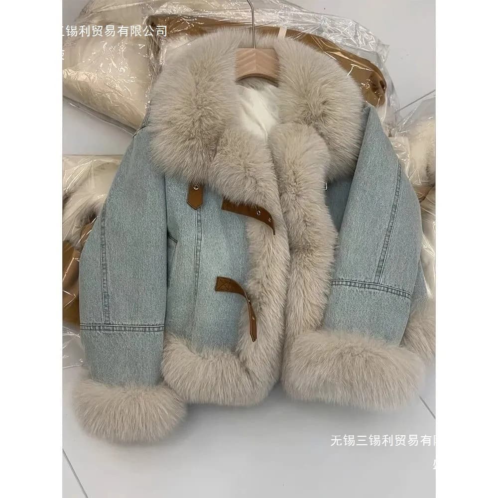 Factory Direct Korean Design Light Blue Denim Jacket Women Fashion Quilted Thickened Down Warm Faux Fur