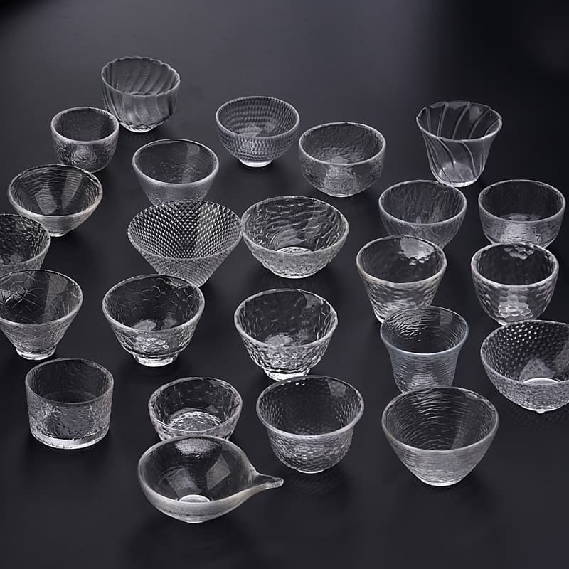 Japanese-Style Glass Tea Cups with Logo Printing, Kung Fu Tea Bowls, Hammered Texture Cups, Tasting Cups, Crystal Glass Tea Sets, Wholesale from Manufacturer