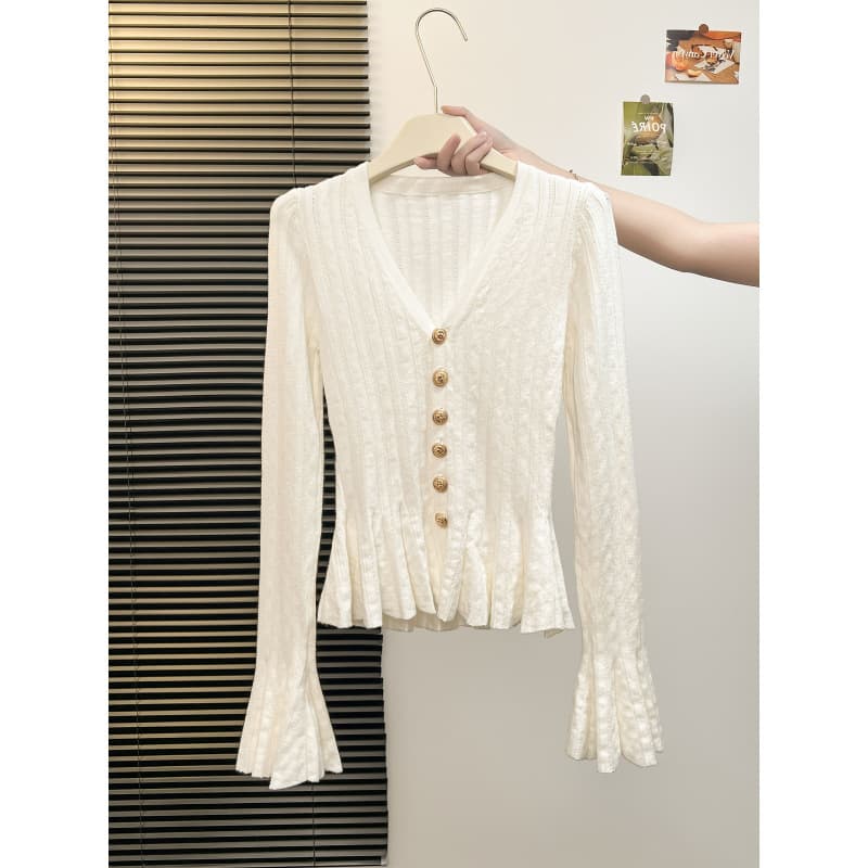 YIKE Autumn/Winter Ruffle Flared Long Sleeve Top, Designer French V-Neck Slim Fit Knit Base Layer for Women