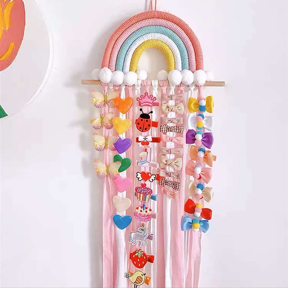 Girl's Headband and Hair Accessory Organizer, Ins Nordic Style Rainbow Hair Clip Storage Tassel Hanger, Kids Room Decoration