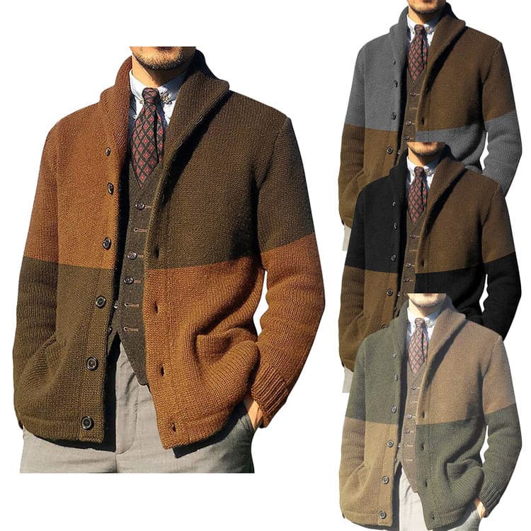 Cross-border Men's Knitted Cardigan Color-block Sweater Button-down Lapel Coat European and American Trendy Casual Loose Sweater for Men