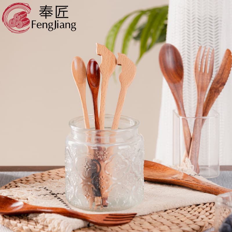 Factory Wholesale Wooden Tableware Soup Spoon Teaspoon Rice Spoon Coffee Stirring Spoon Jam Fork Solid Wood Spoon Custom Logo Available