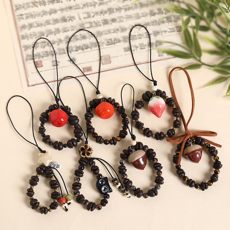 Original imitation coffee bean lanyard with ceramic persimmon persimmon Ruyi fruit toy fashion jewelry mobile phone chain for men and women