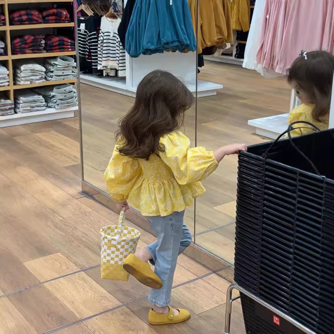 2026 Spring New Collection Korean Style Girls Floral Puff Sleeve Doll Shirt Stylish Little Chanel Style Yellow Shirt