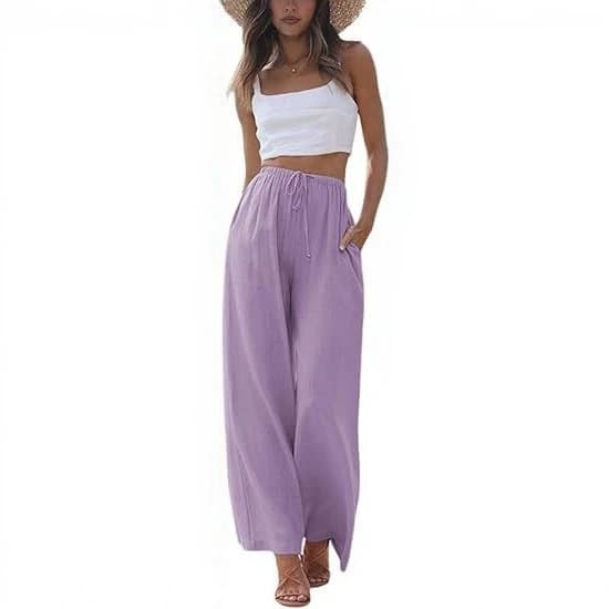 2026 Amazon Plus Size Women's Leg-Lengthening Straight Leg Pants Cotton Linen Loose Casual Pocket Drawstring Wide Leg Pants