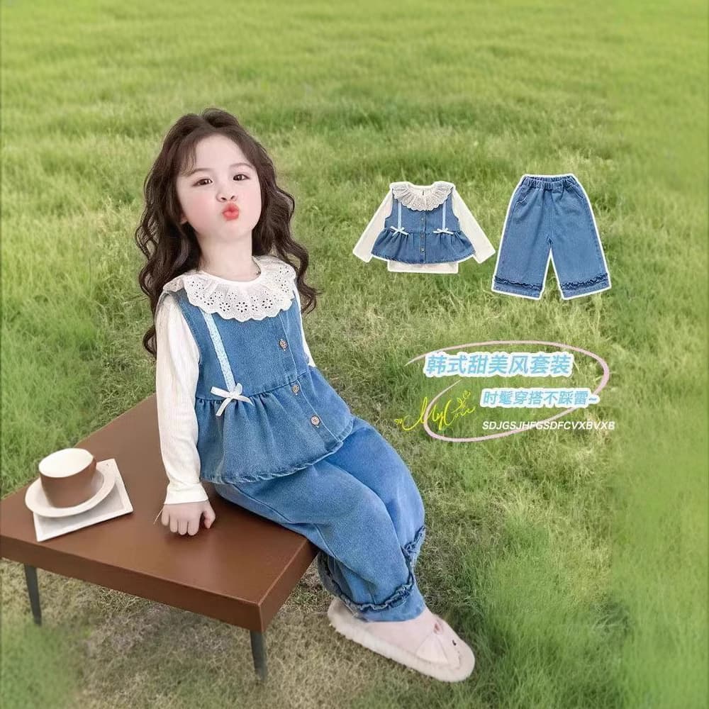 Children's Soft Denim Vest and Pants Two-Piece Set, Girls' Toddler and Young Kids' Versatile Ultra-Soft Jeans Wholesale Fashion