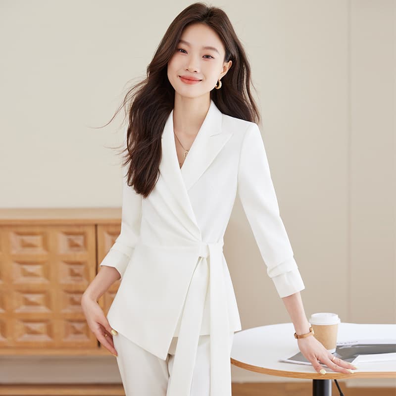 Chic design white strap suit suit for women autumn and winter waist slimming suit fashionable temperament professional long sleeve