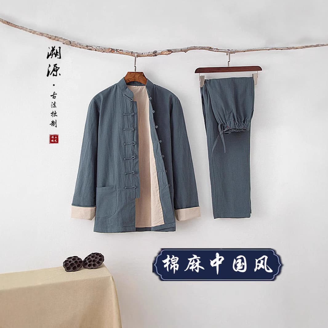 New Chinese-style Tang Suit Spring/Autumn Men's Cotton-Linen Set, Long-sleeve Linen Clothes, Chinese-style Tea Wear Manufacturer
