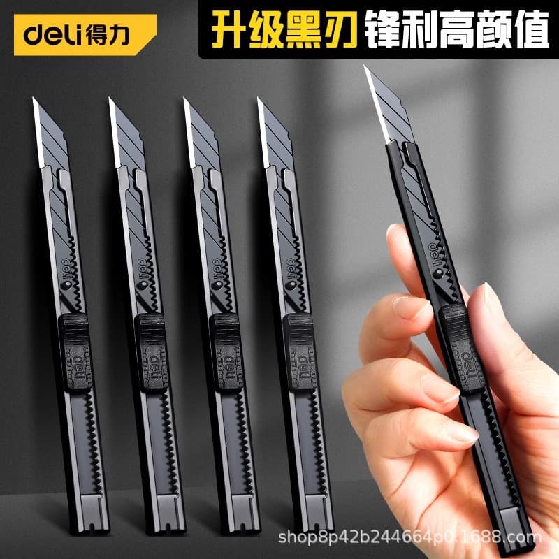 Deli Utility Knife 9mm Courier Knife 60° Art Craft Knife Black Blade Film Cutting Knife Wholesale Aluminum Alloy Utility Knife