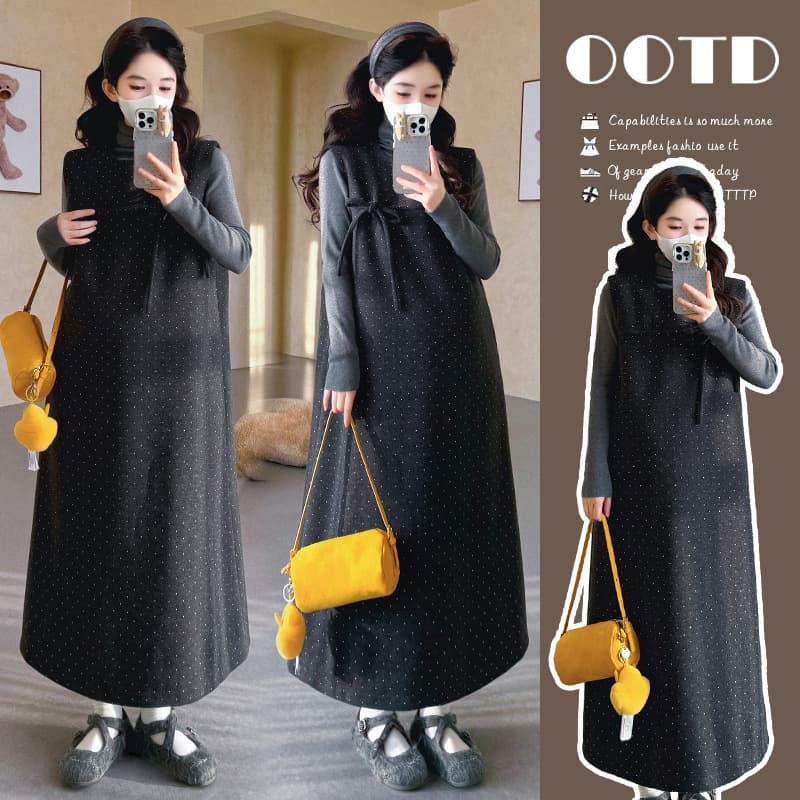 Actual shot ~ Autumn and winter Korean style woolen bow polka dot dress + turtleneck sweater suit, top, vest skirt