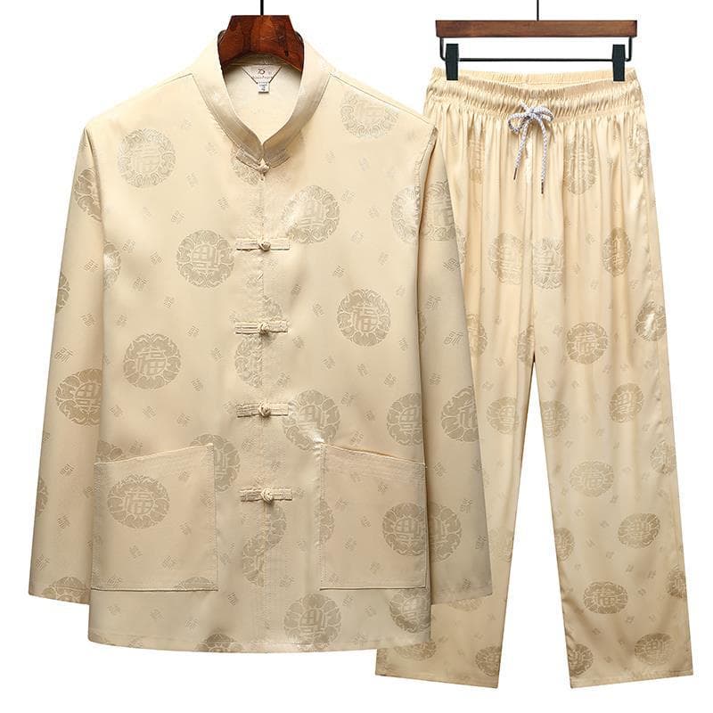 Autumn Men's Middle-Aged and Elderly Dad Long Sleeve Tang Suit Set Frog Button Satin Jacquard Fu Character Chinese Hanfu Wholesale
