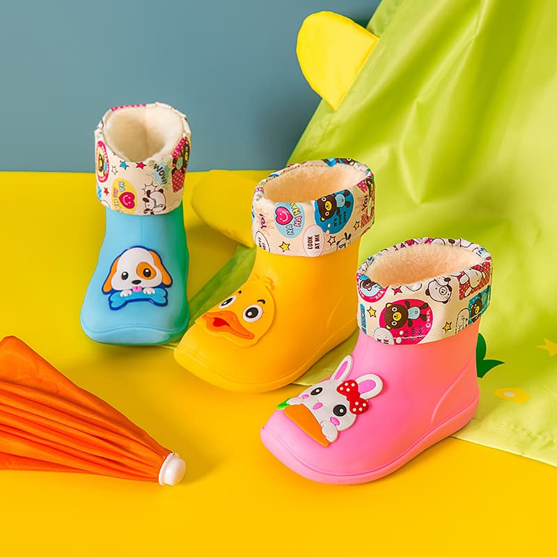 Children's Cute Rain Boots Waterproof Anti-Slip for Ages 2-6 Toddler Rain Shoes Baby Rubber Boots Cartoon Cotton-Lined