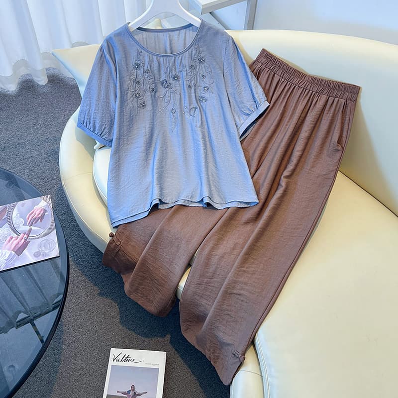 New Chinese Classical Style Modified Round Neck Heavy Embroidery Short Sleeve Top Paired with Loose Wide-Leg Pants Set